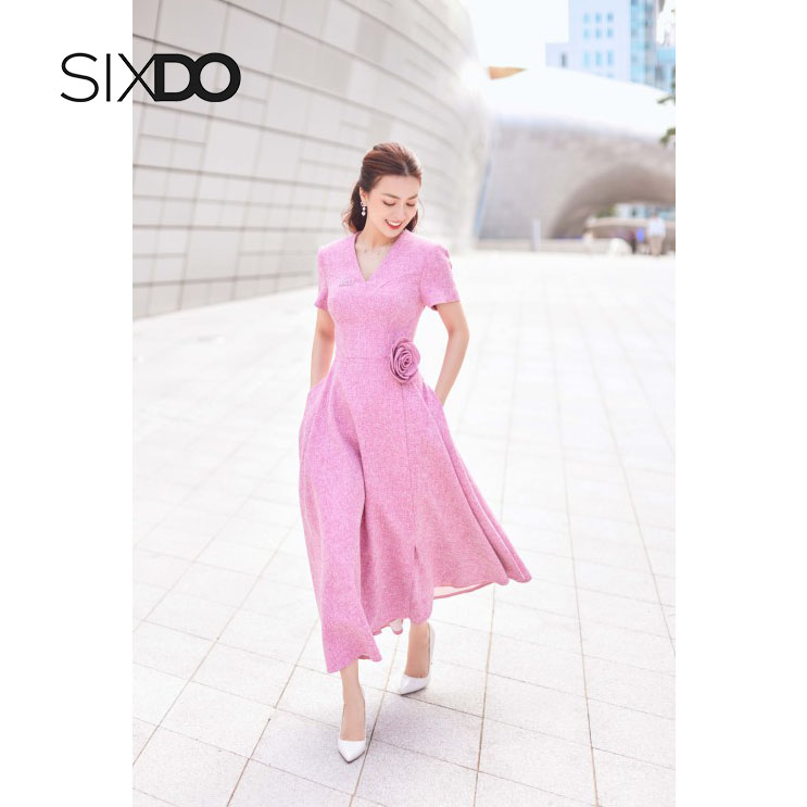 Đầm xòe cổ V kèm hoa cài sang trọng thời trang nữ SIXDO