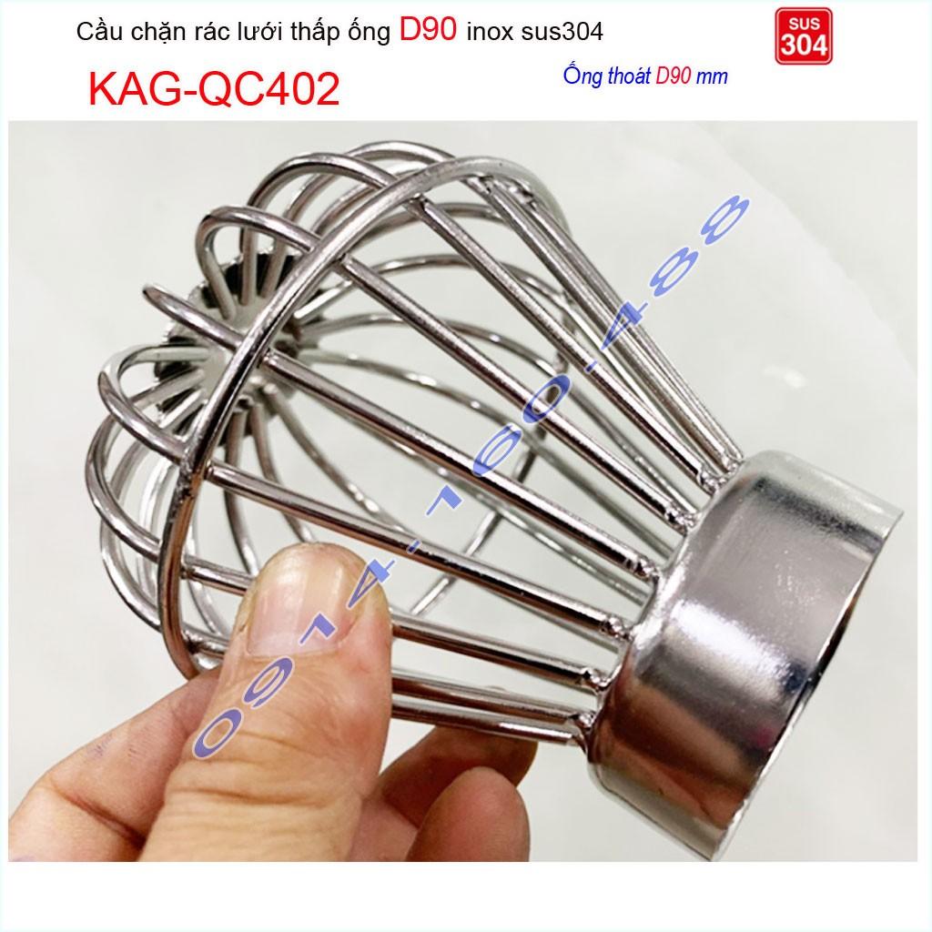 Cầu chắn rác lưới đế thấp KAG-QC402-ống D90, Cầu thoát nước mưa SUS304 inox dày cao cấp