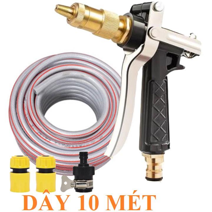 Bộ dây vòi xịt nước rửa xe, tưới cây . tăng áp 3 lần, loại 7m, 10m 206236 đầu đồng,cút,nối nhựa đen+ tặng đai
