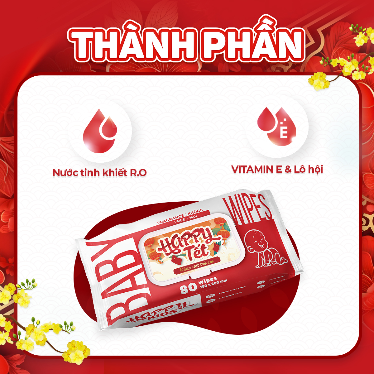 Thùng 08 gói khăn ướt trẻ em Happy Tết phiên bản giới hạn gói 80 tờ không mùi siêu tiết kiệm cho bé