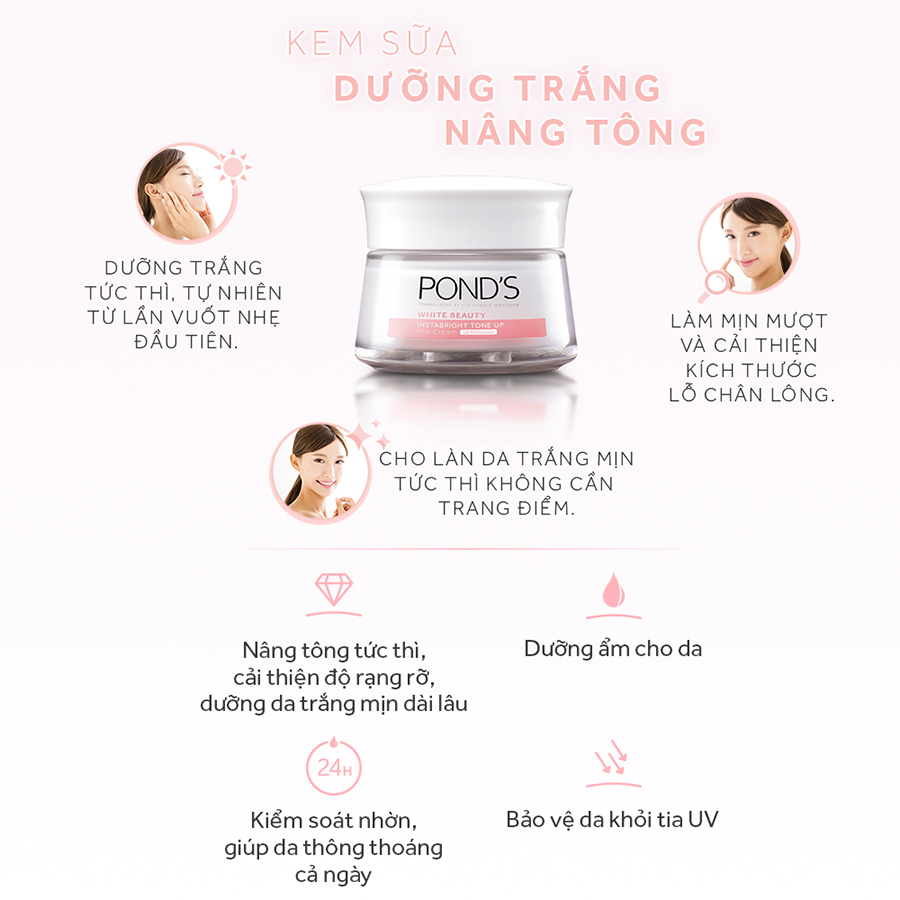 Kem Sữa Dưỡng Da 50G Pond'S Instabright Tone Up Milk Cream Chiết Xuất Protein Từ Sữa Nâng Tone Sáng Hồng Thay Thế Makeup