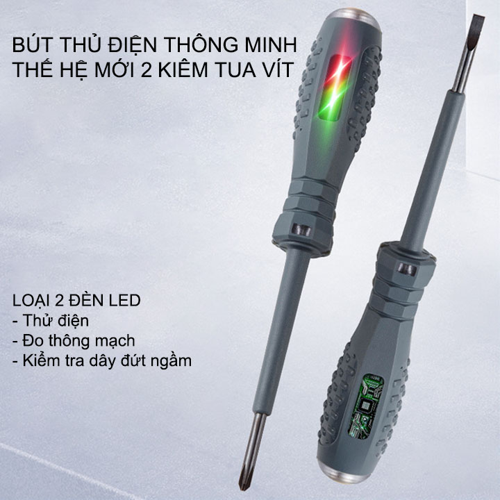 Bút thử điện thông minh thế hệ mới 02, với 2 đèn xanh đỏ, tua vít từ tính, kiểm tra dây điện đứt ngầm, đo thông mạch
