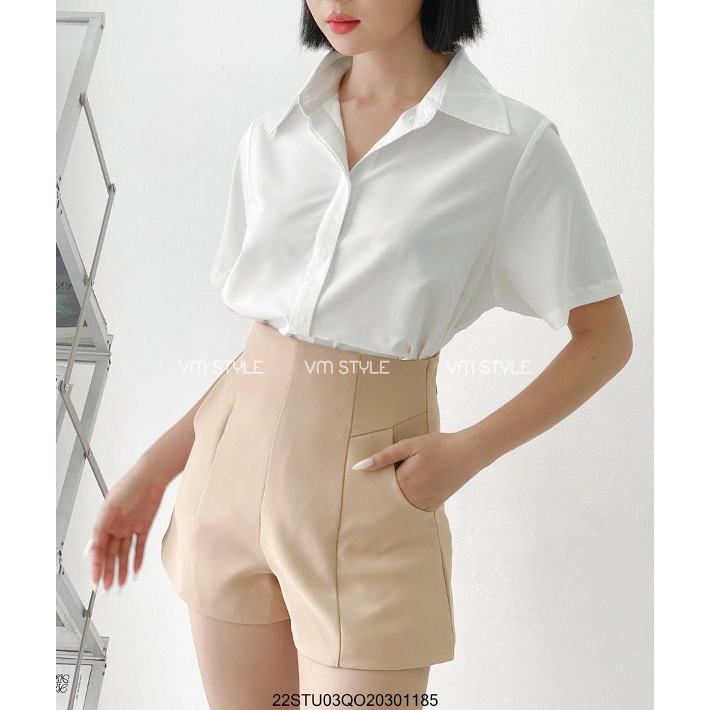 Quần short nữ VM STYLE gấp li túi kiểu cạp cao ống rộng thời trang phối khóa kéo-9960- 22STU03Q020301