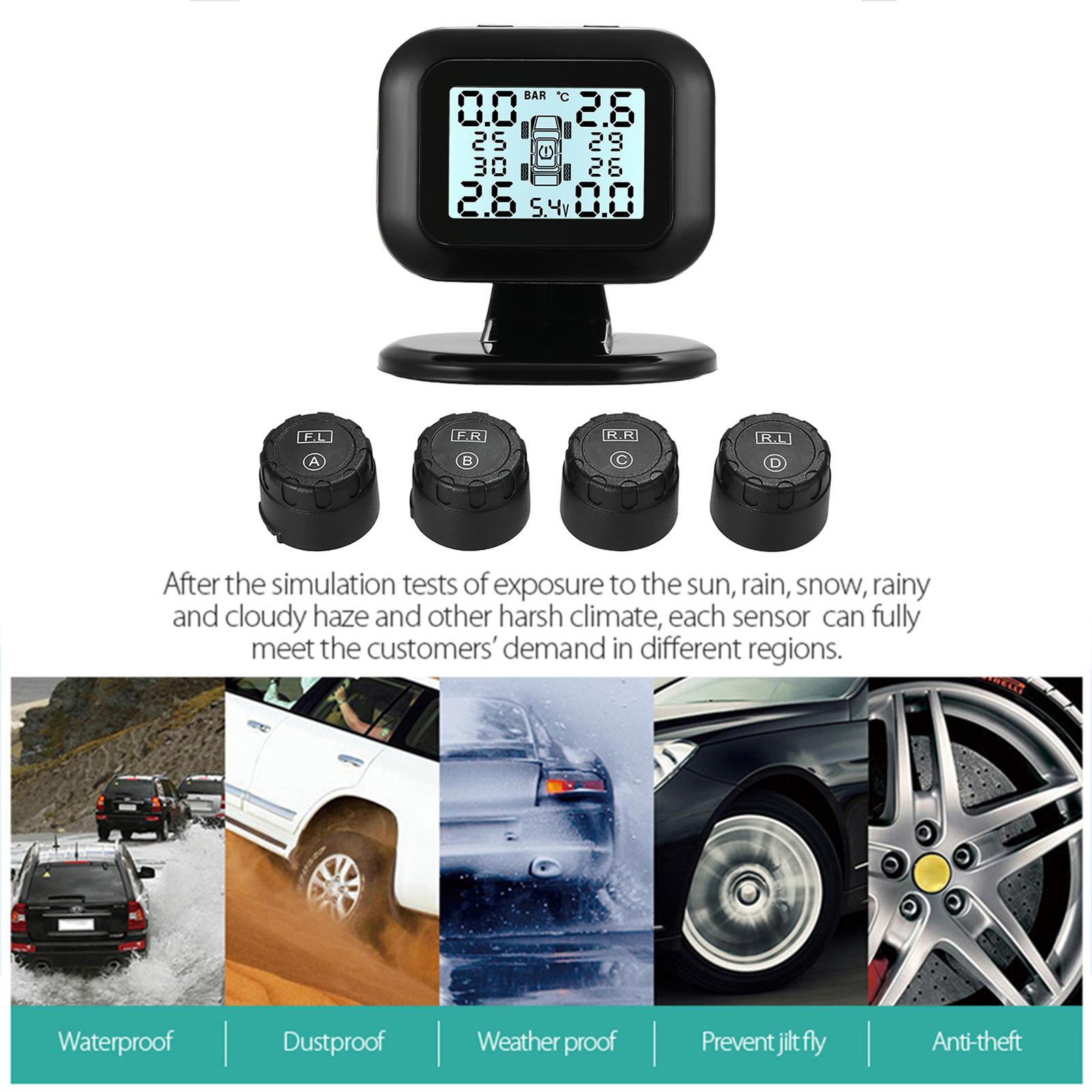 TPMS Tire Pressure Monitoring System Wireless Real-time LCD Display 4 External Sensors Alarm Function