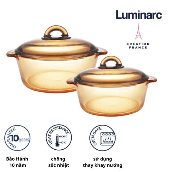 Bộ 2 Nồi Thủy Tinh Luminarc Vitro Amberline Granite 1,5L/2L (Bảo Hành 10 Năm) -LUGR152