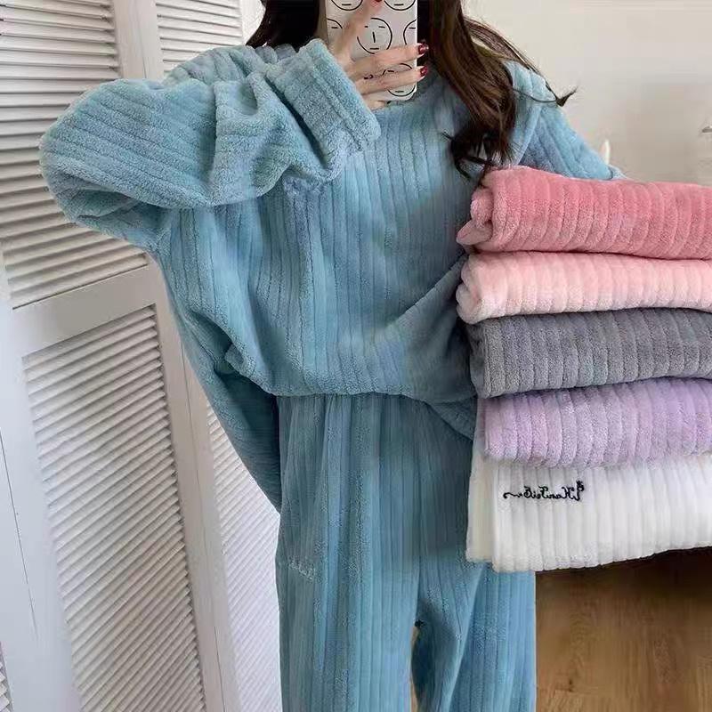 MS400 Bộ mặc nhà lông siêu ấm kẻ sọc thêu chữ
