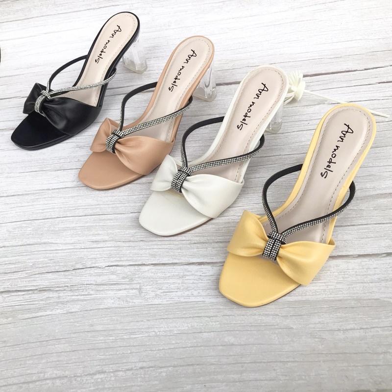 Giày sandal guốc 5 phân gót vuông thời trang phối dây đá _A10G