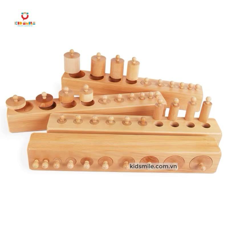 Giáo Cụ Montessori cơ bản thuộc lĩnh vực cảm quan gồm Bộ trụ có núm, không núm, thang nâu, tháp hồng