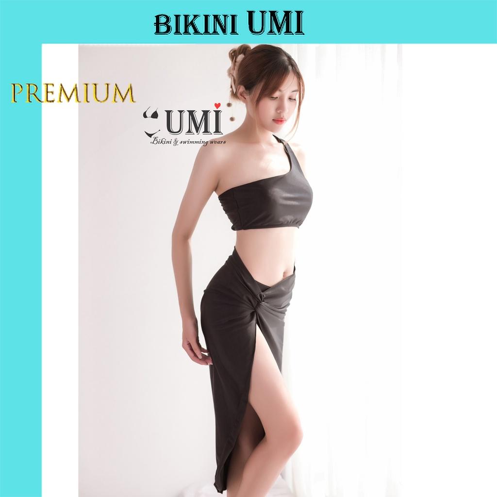 BIKINI 2 MẢNH ÁO LỆCH VAI KÈM KHĂN MÀU ĐEN BIKINI UMI