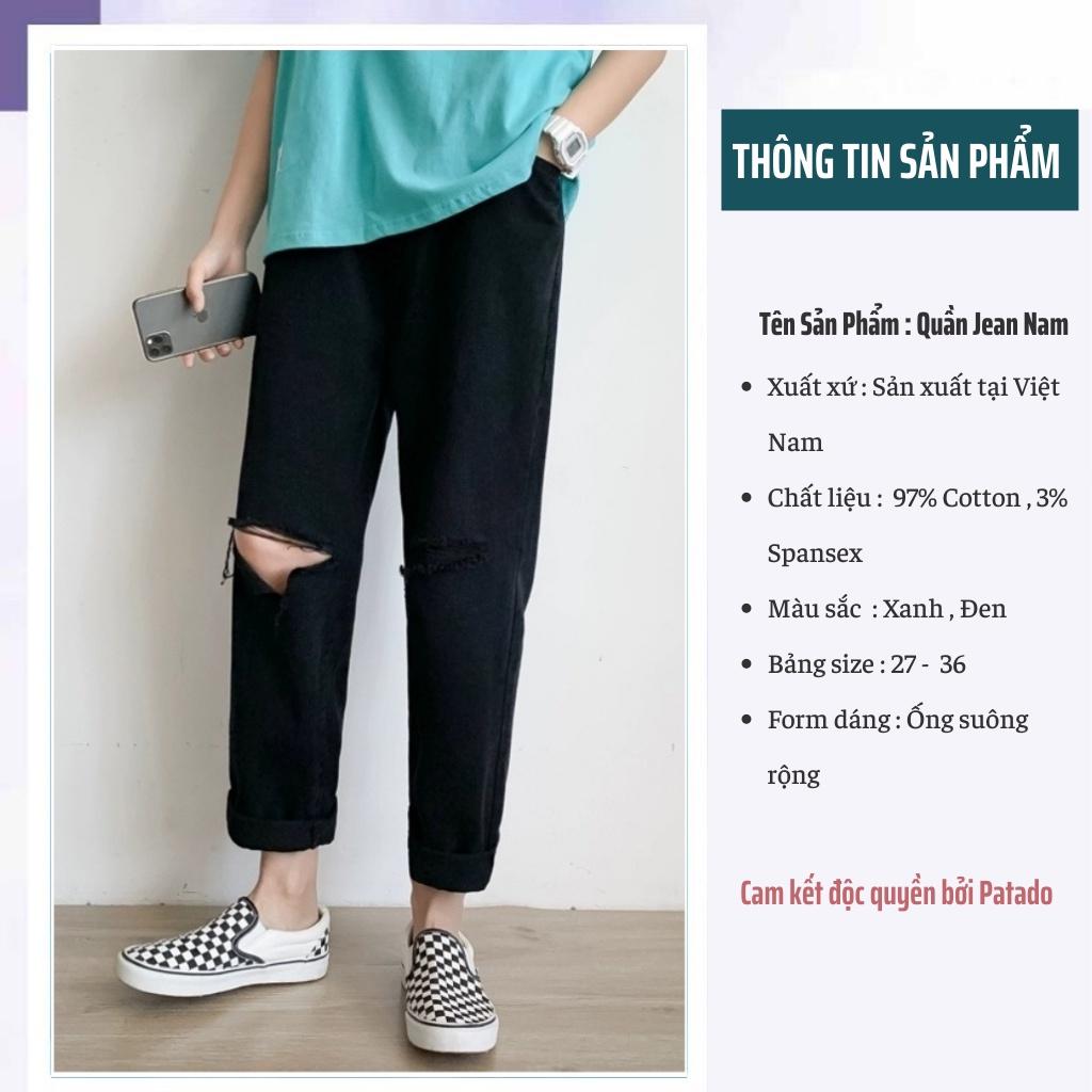 Quần jean nam rách gối dáng baggy ống suông rộng vải jeans cao cấp