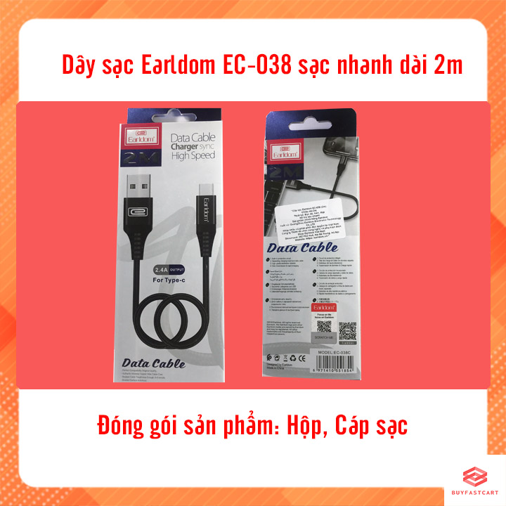 Dây Sạc Nhanh Earldom EC-038 2.4A Dùng Cho iPhone, iPad Chiều Dài 2m - Hàng Chính Hãng