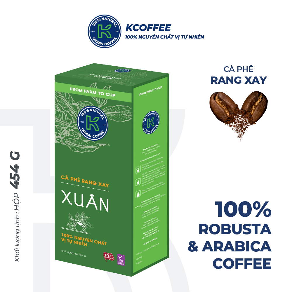 Cà phê rang xay nguyên chất 100% Robusta Arabica K-Coffee Xuân 454g