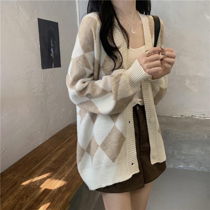 Áo khoác cardigan len nữ dệt kim kẻ ô caro họa tiết kim cương cổ V phối màu đen trắng dáng rộng bigsize H-16-1