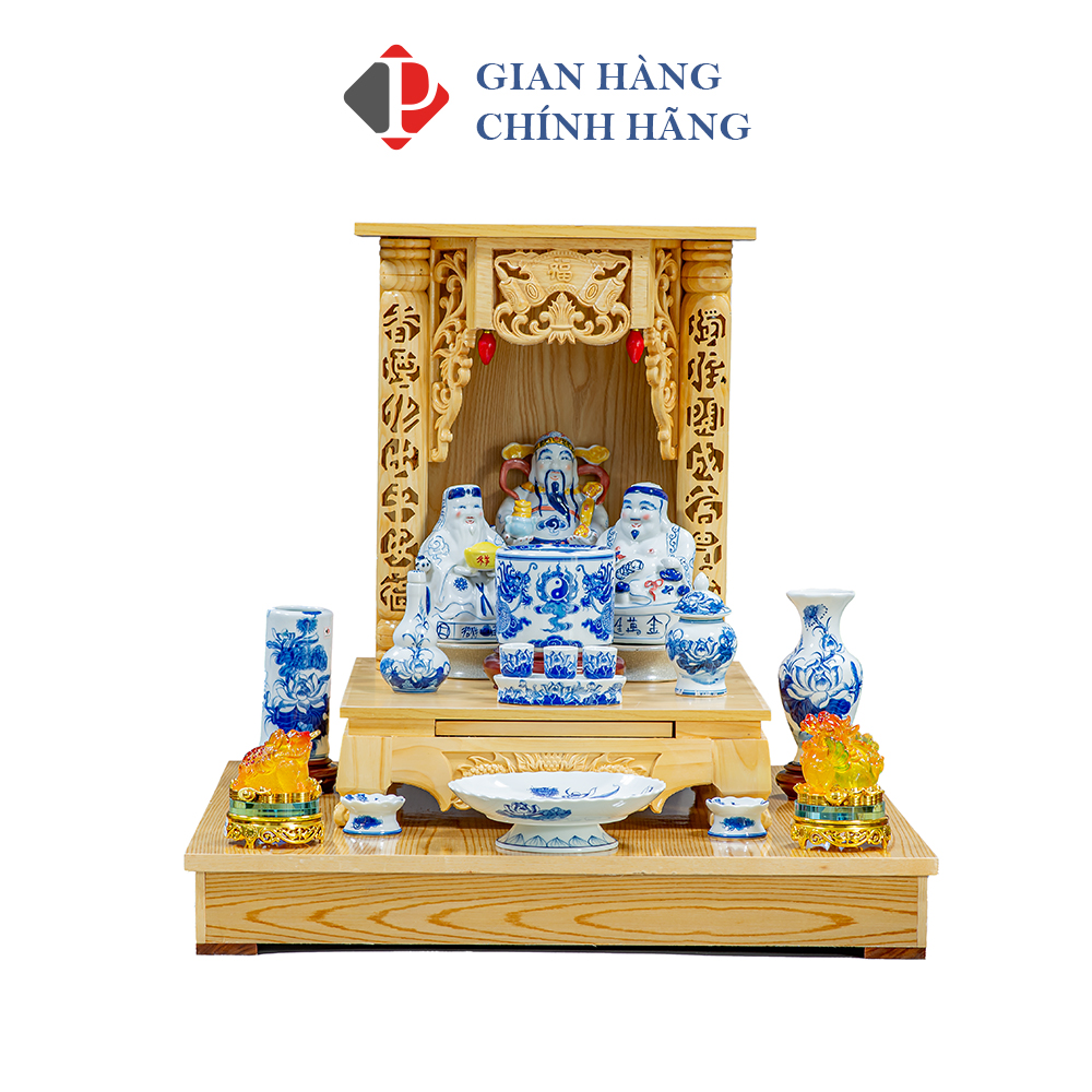 Bộ đồ thờ 10 món cơ bản men Lam Trắng Trơn họa tiết SEN và bàn cúng gỗ sồi 1 mái bằng vàng - Gốm sứ Bát Tràng cao cấp