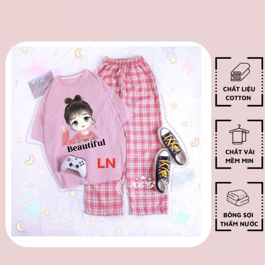 Sét Bộ Nữ SS08, Sét Đồ Nữ Đi Chơi Đẹp In Hình Cô Gái Nơ Đỏ Dễ Thương, Sét Áo Vải Cotton Và Quần Kẻ Màu Cá Tính