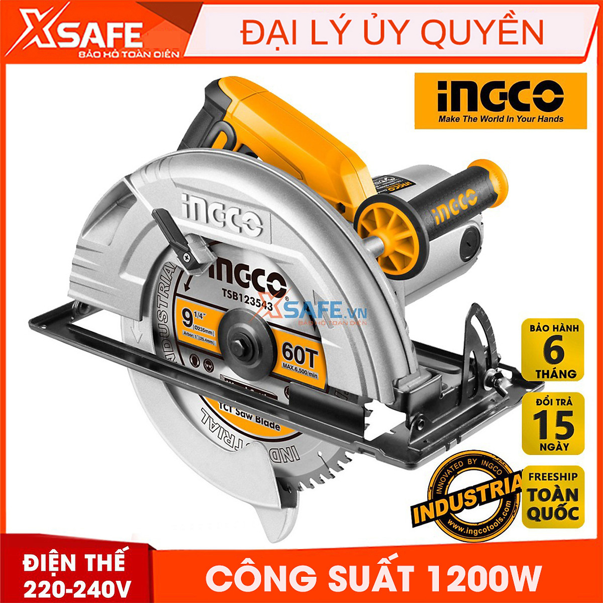 Máy cưa đĩa tròn INGCO CS18518 kèm theo 1 lưỡi cắt 185mm và 1 bộ than, công suất 1200W, tốc độ không tải 5000rpm