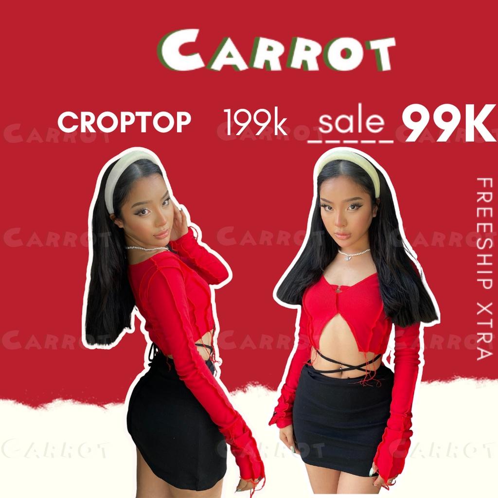 Aó croptop tay dài đỏ chân váy đen basic ôm eo cột dây tôn dáng trendy thời trang nữ carrotxindep