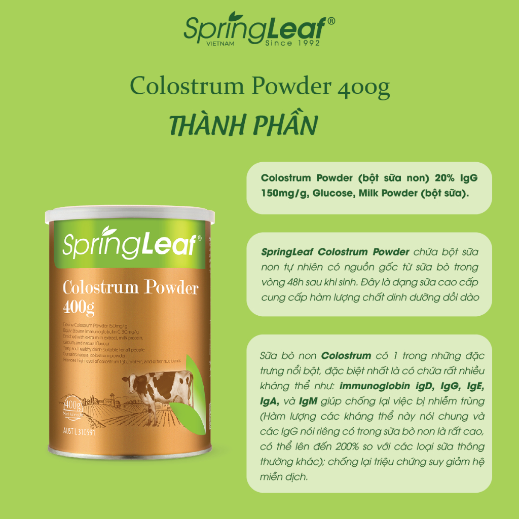 Sữa bò non cung cấp dinh dưỡng, tăng cường hệ miễn dịch dành cho mọi lứa tuổi SpringLeaf Colostrum IgG 3000mg 400g