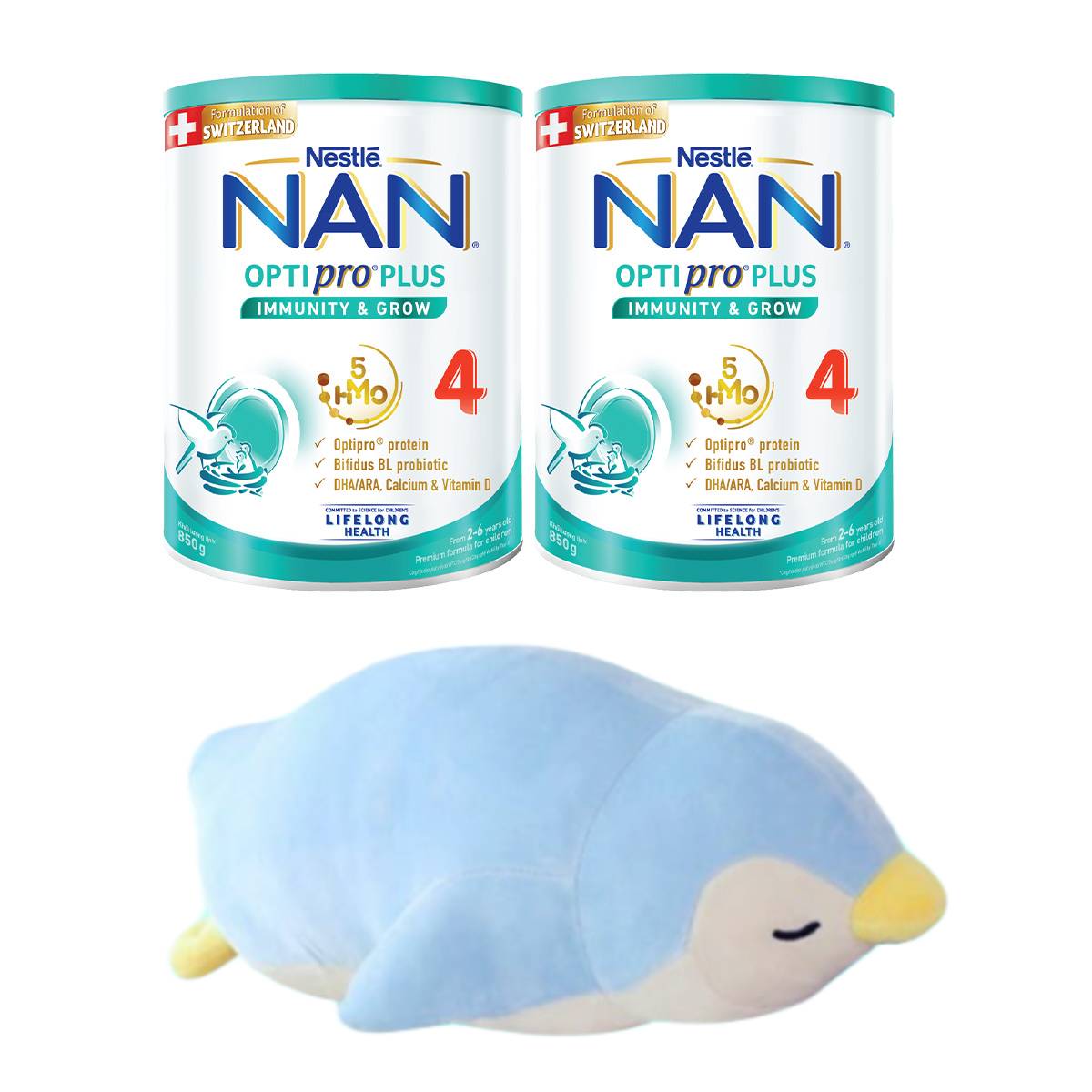 Bộ 2 Lon sữa bột Nestlé NAN OPTIPRO PLUS 4 850g/lon với 5HMO Giúp tiêu hóa tốt + Tăng cường đề kháng (2 - 6 tuổi) - Tặng Gối ôm chim cánh cụt khổng lồ