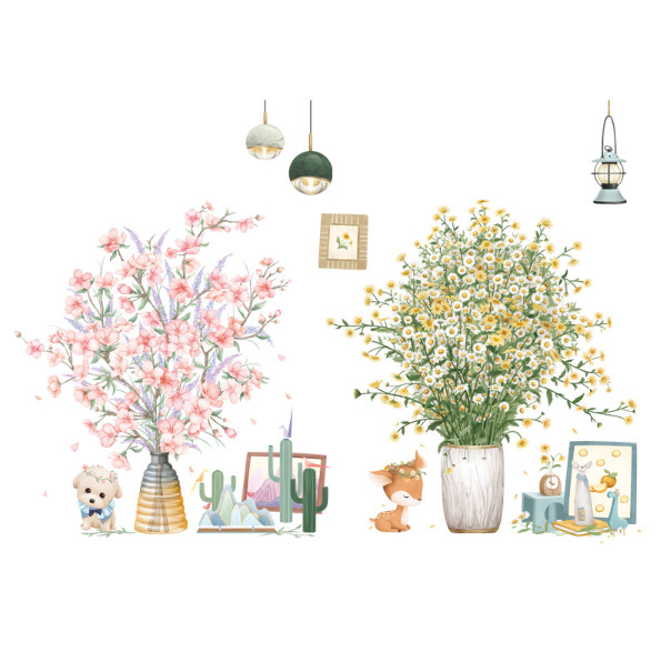 Decal trang trí tường - Hoa cúc trắng vàng và hoa hồng nhạt