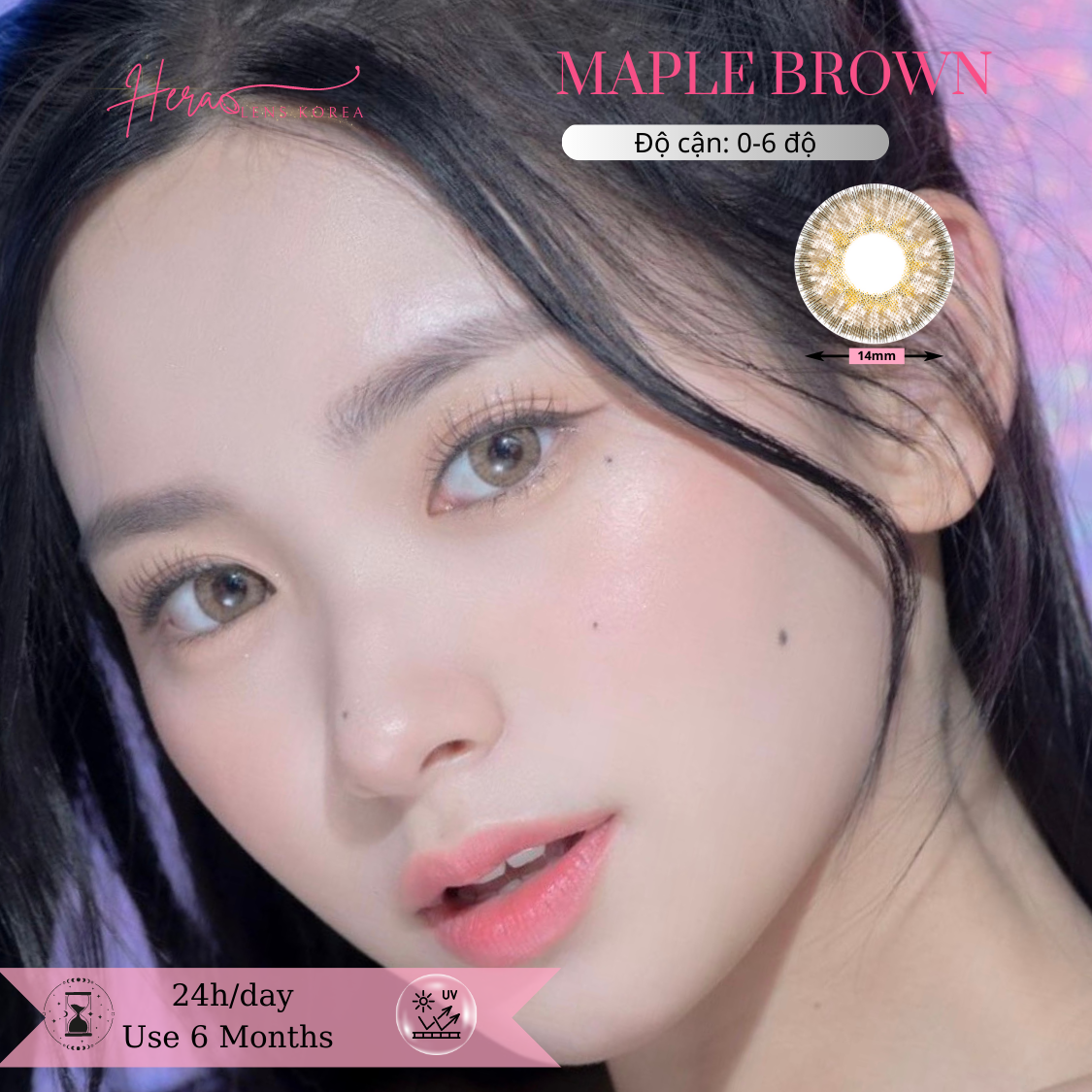 Kính Áp Tròng Hera Nâu Lá Phong 0 - 6 Độ MAPLE BROWN Nhập Khẩu Hàn Quốc Lens Cận 6 Tháng