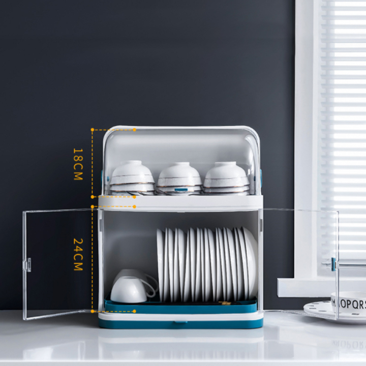 Kệ úp chén bát 2 tầng có nắp đậy, khay hứng khô ráo, sạch sẽ, kích thước 45x38x25cm - Hàng chính hãng