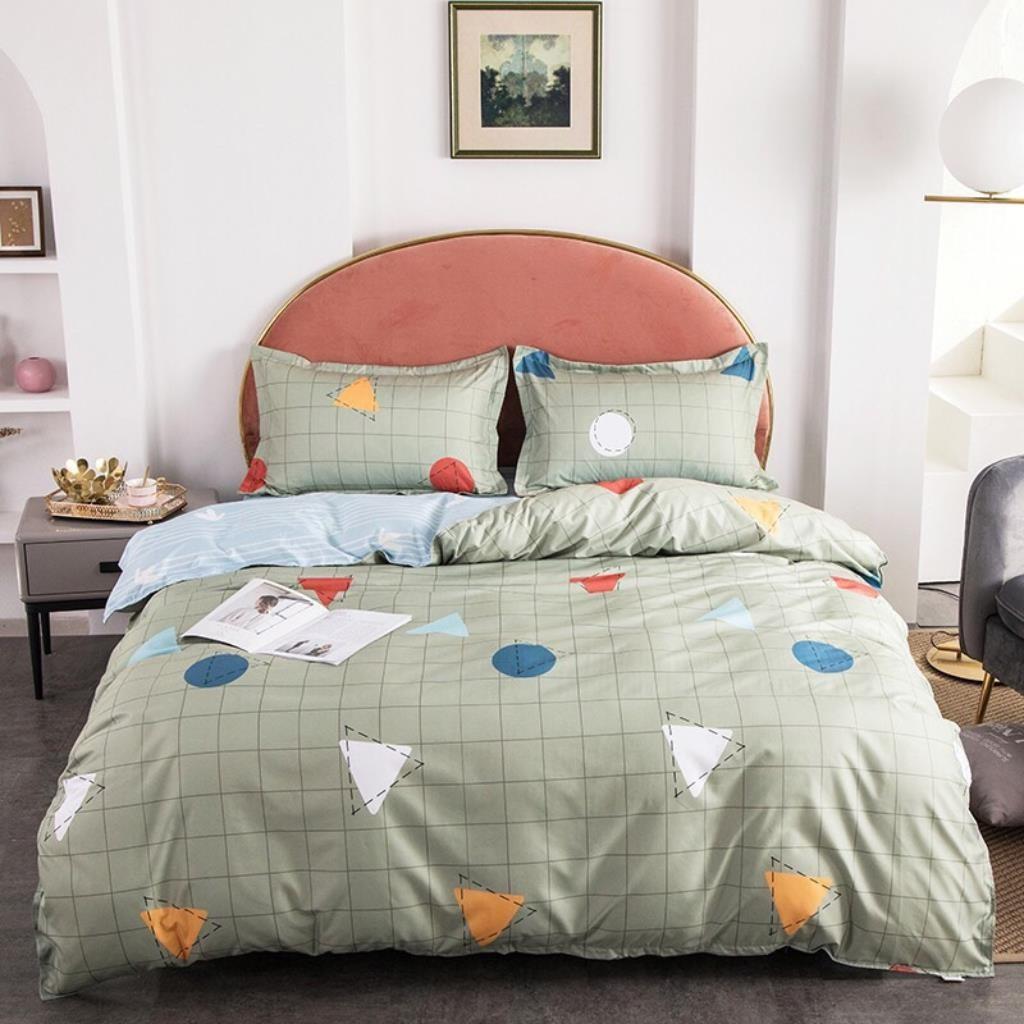 Bộ Chăn Ga Gối Cotton Poly Hình Học Xanh