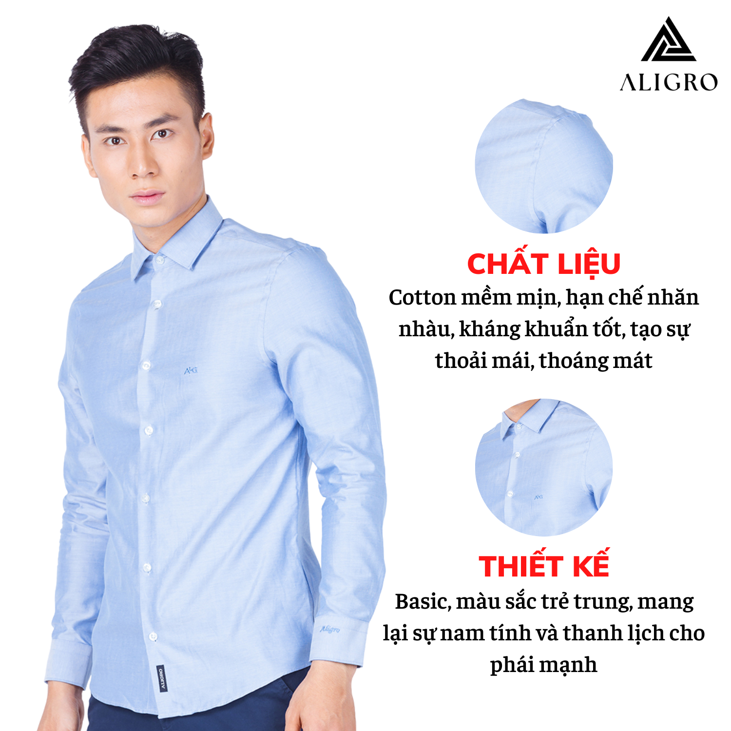 Hình ảnh Áo sơ mi nam dài tay ALIGRO 100% chất cotton xanh nước biển, cổ bẻ dáng ôm body ALGS050