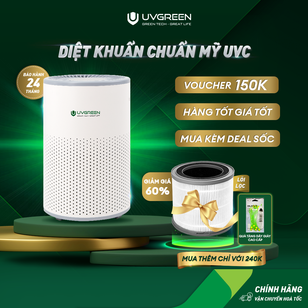 Máy Lọc Không Khí Diệt Khuẩn UVGREEN KA350 35m2 - Hàng chính hãng - Đèn UVC Mỹ, Lõi HEPA H13 Sạch 99,97% Bụi Mịn, Mùi Hôi, Khói, Lông Tóc