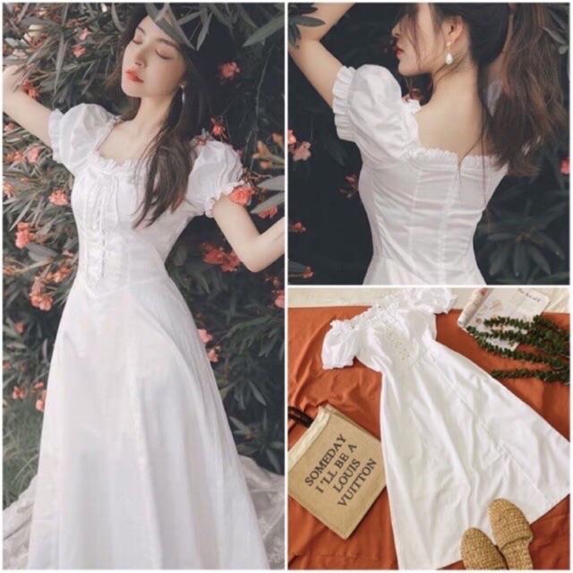 ẢNH THẬT CUỐI Đầm MIDI trắng công chúa đan ngực 2 lơp