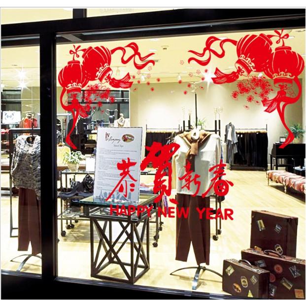 Decal trang trí Tết - Lồng đèn đỏ kèm chữ