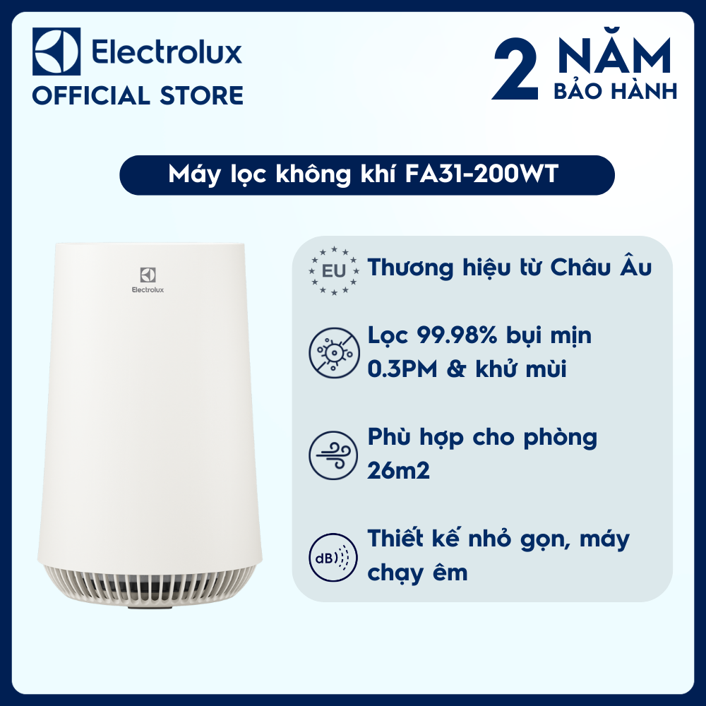 Máy lọc không khí Electrolux FA31-200WT cho phòng 26m² - Bộ lọc HEPA 13 diệt khuẩn 99.98% bụi mịn & khử mùi, màn hình cảm ứng