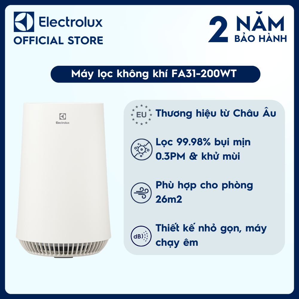 Máy lọc không khí Electrolux FA31-200WT cho phòng 26m² - Bộ lọc HEPA 13 diệt khuẩn 99.98% bụi mịn &amp; khử mùi, màn hình cảm ứng [Hàng chính hãng]