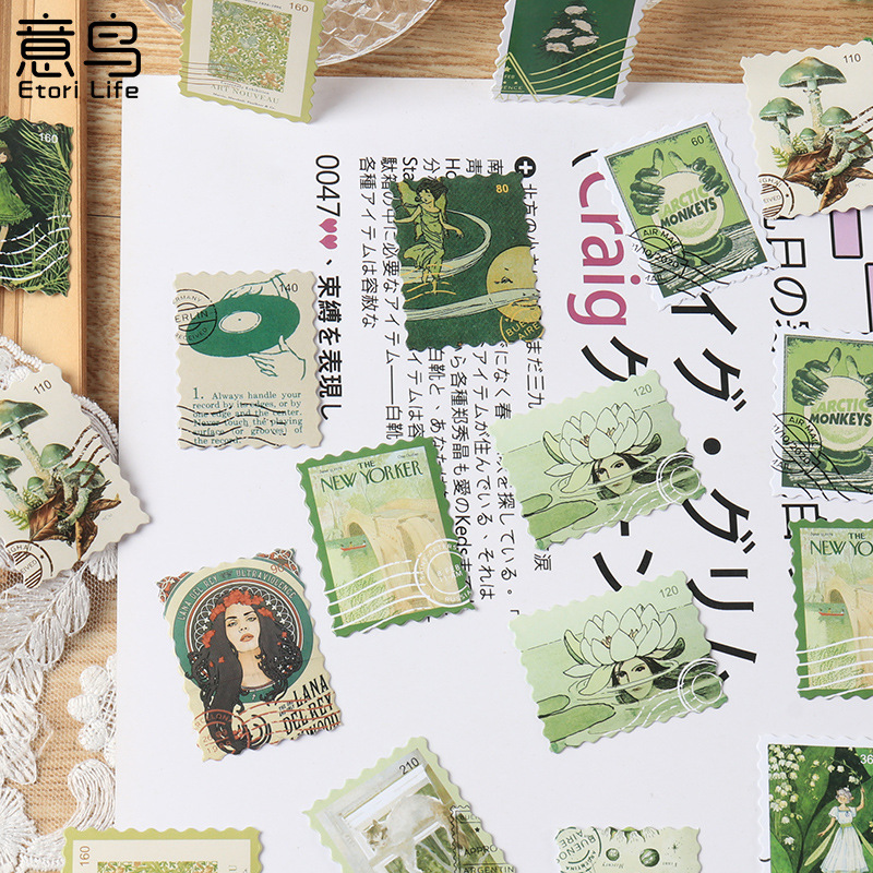 Hộp 46 pcs stickers dạng tem thư kiểu cổ điển vintage dùng để trang trí sổ tay nhật kí