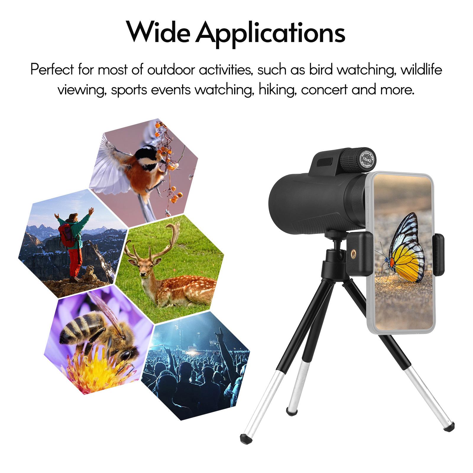 12X42 HD Monocular Telescope Optical Lens Waterproof Fogproof with Adjustable Mini Tripod Universal Phone Holder