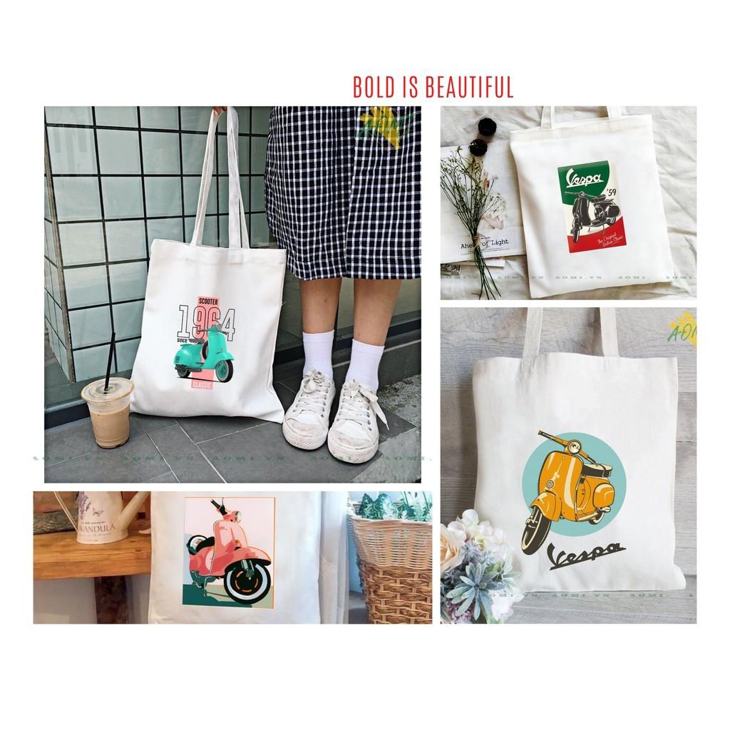 TÚI VESPA NHIỀU MẪU VẢI ĐEO VAI TOTE CANVAS BAG CÓ KHÓA KÉO SIZE LỚN 33x38cm CUTE XINH ĐẸP TIỆN ÍCH DẠO PHỐ DU LỊCH