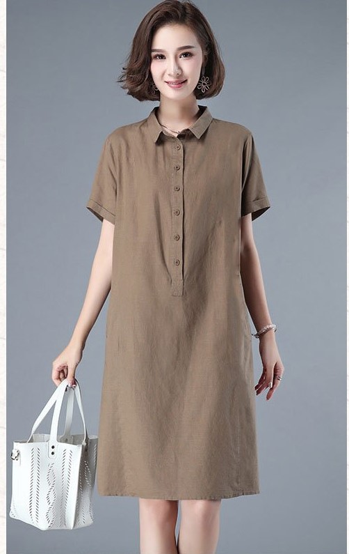 Đầm váy sơ mi nữ ngắn tay, Váy linen nữ cổ sơ mi dáng ngắn, suông trơn phong cách nữ công sở ARCTIC HUNTER