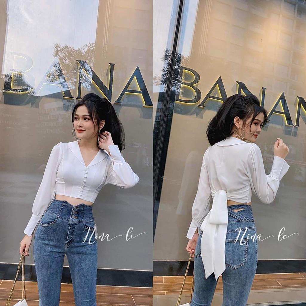 ÁO SƠ MI NỮ BUỘC NƠ SAU LƯNG CROPTOP