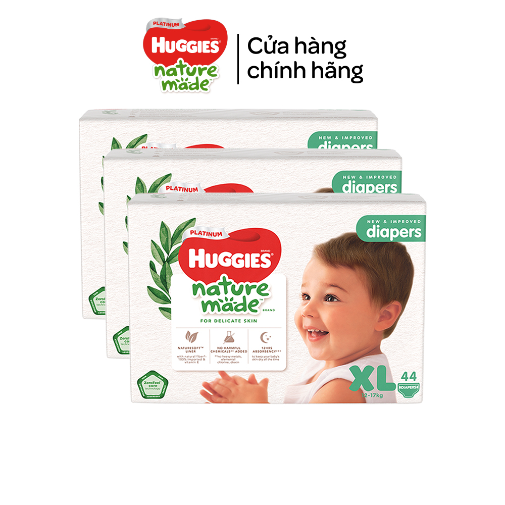 Thùng 3 gói Tã/Bỉm dán sơ sinh Huggies Platinum NatureMade NB60/S82/M64/L54/XL44