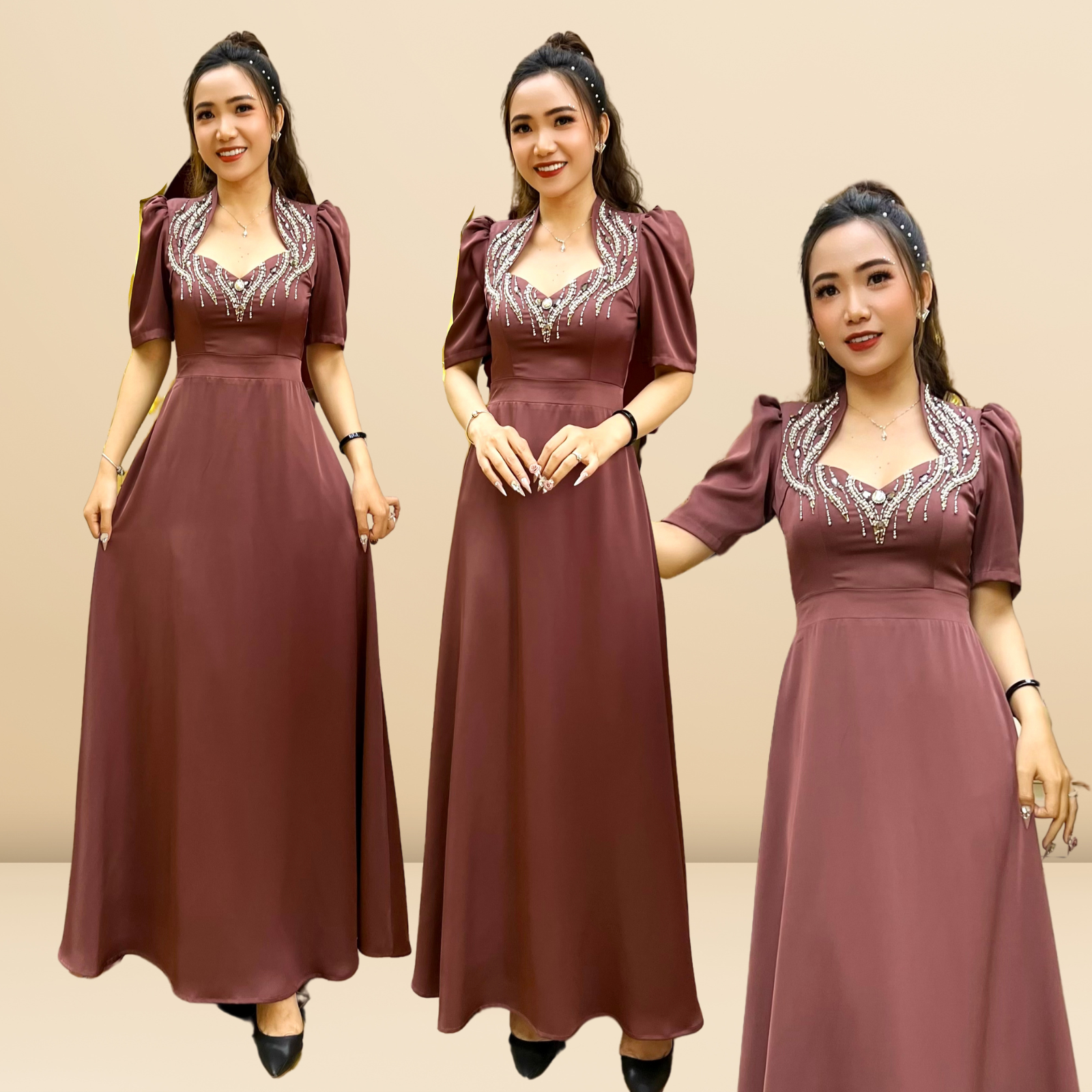 Đầm dạ hội nữ lụa đính đá đi tiệc kết hoa cao cấp Rosaleen Dress Quỳnh Anh Luxury