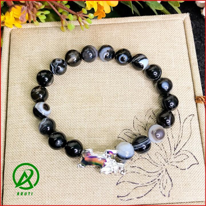 Vòng Tay Phong Thủy Thủy- Vòng Tay Mã Não Vân Mây 8mm Mix Long Quy Bạc Đổi Màu Độc Lạ V377-8