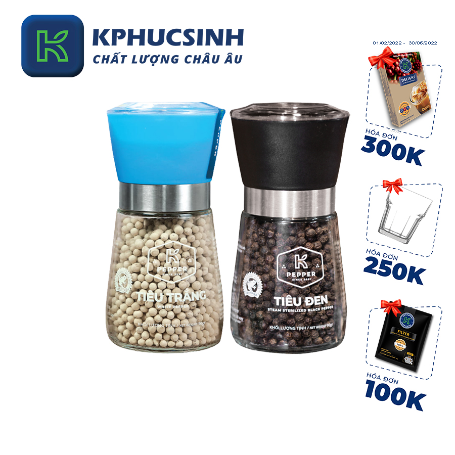 Combo 2 Hũ Tiêu Đen 90G Và Tiêu Trắng 90G Kèm Cối Xay