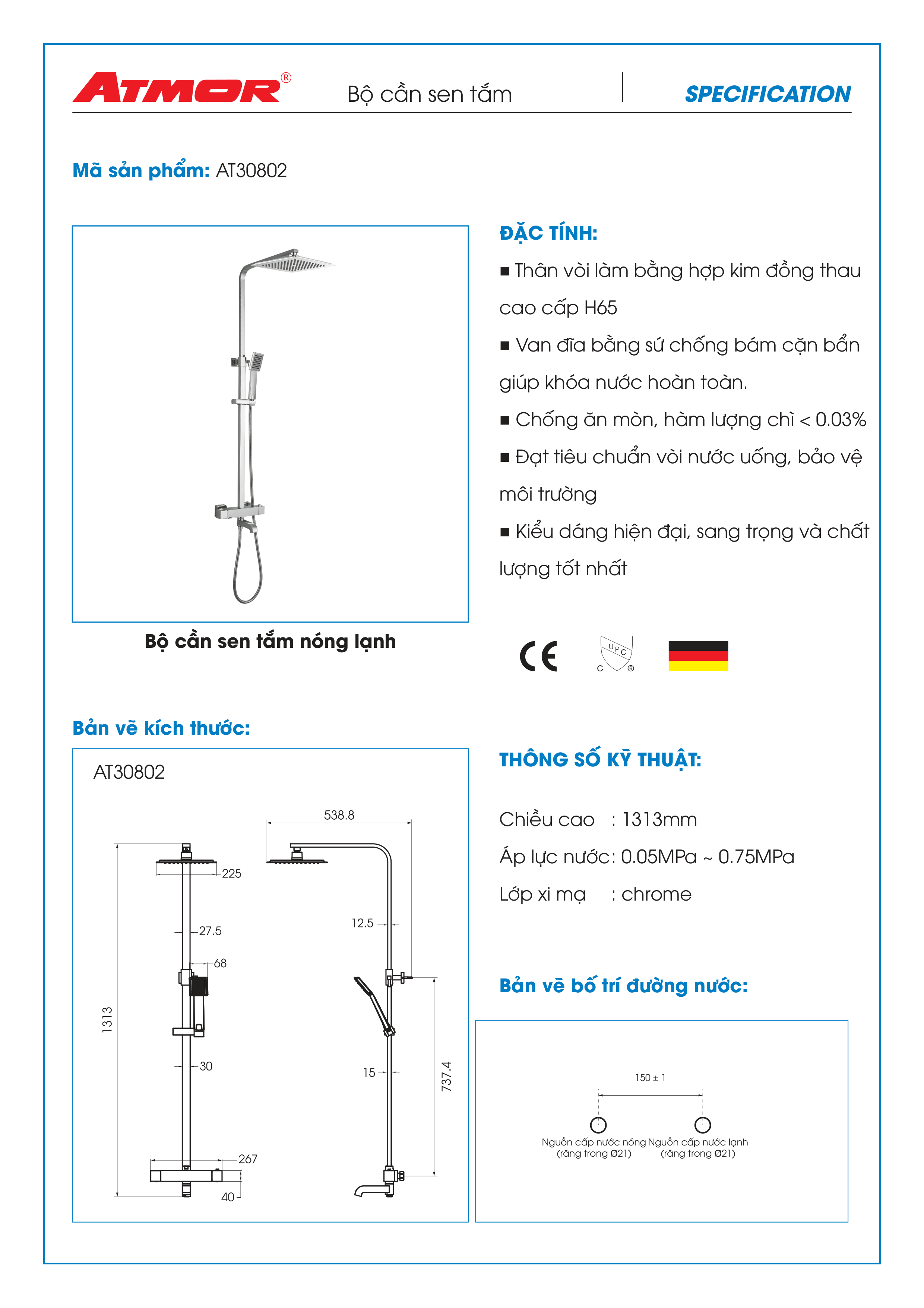 Bộ Sen Tắm Đứng Nóng Lạnh ATMOR AT30802 (HÀNG CHÍNH HÃNG)