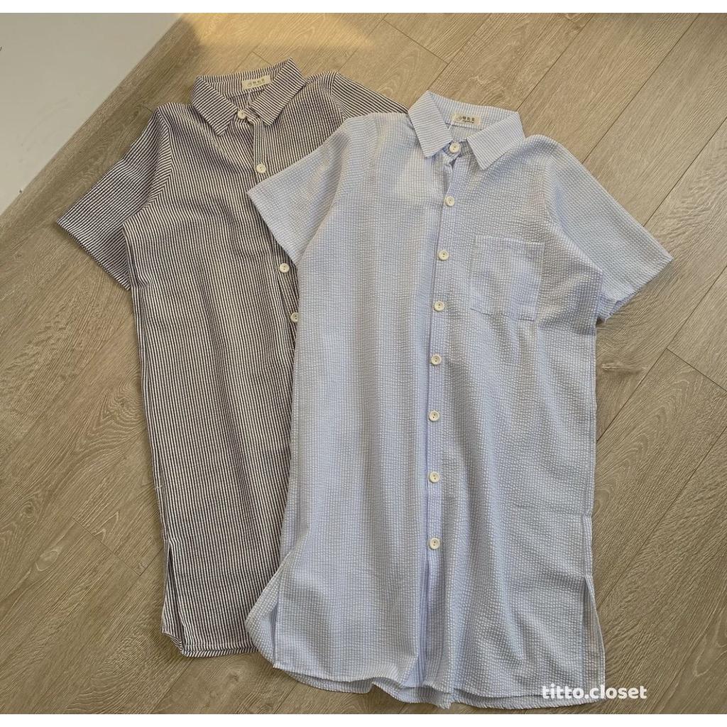 Đầm sơ mi sọc dáng suông tay lỡ, chất thô, váy sơmi ulzzang suông dài oversize hàng Quảng Châu, Quynhanhpuka