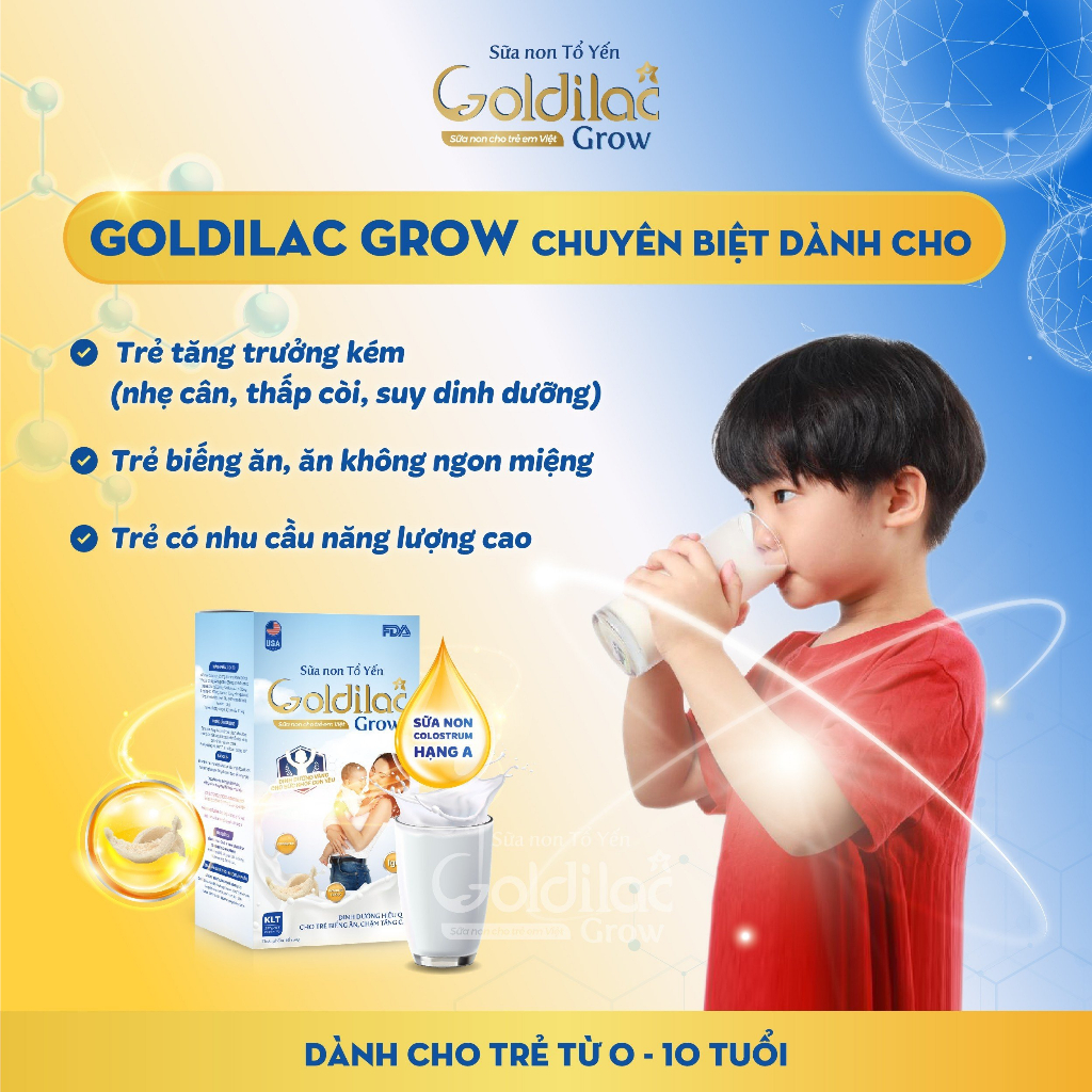 Sữa non Tổ yến Goldilac Grow hộp 168g x 12 gói - Sữa dinh dưỡng cho bé từ 0-10 tuổi, hỗ trợ tiêu hóa, tăng cân, tăng sức đề kháng giảm biếng ăn chậm lớn