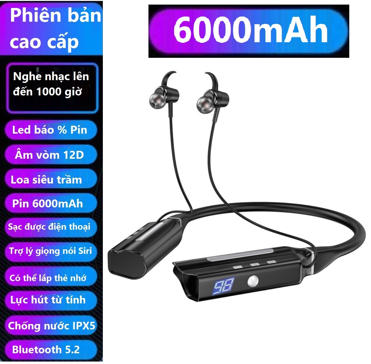 Tai Nghe Bluetooth 5.2 F8 Thể Thao Quàng Cổ Pin Cực Khủng 6000mAh  Sử Dụng  Lên Đến 1000 Giờ , Có Thể Sạc Điện Thoại ,Có Khe Lắp Thẻ Nhớ .