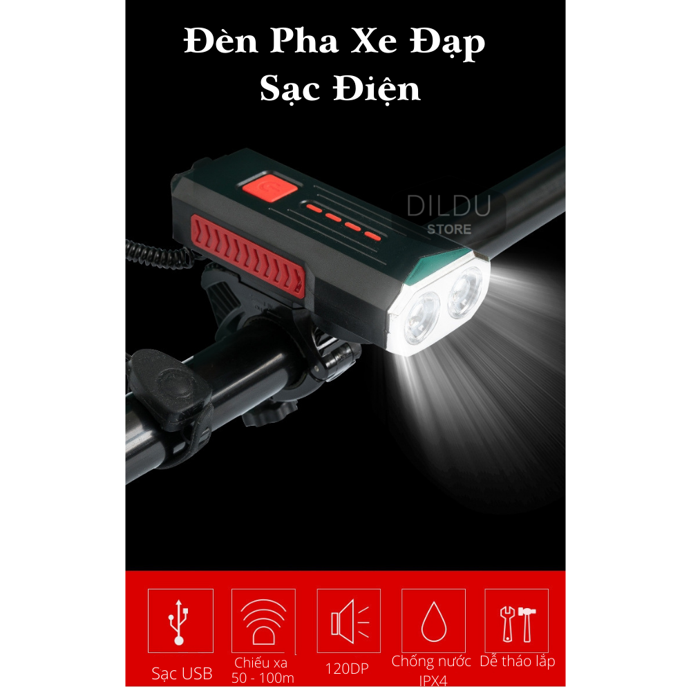 Đèn Xe Đạp Kèm Còi Thể Thao Chống Nước LY - Sạc USB - Dung Lượng Pin 2400MAH - 120DP - Âm Vang To - Cảnh Báo An Toàn