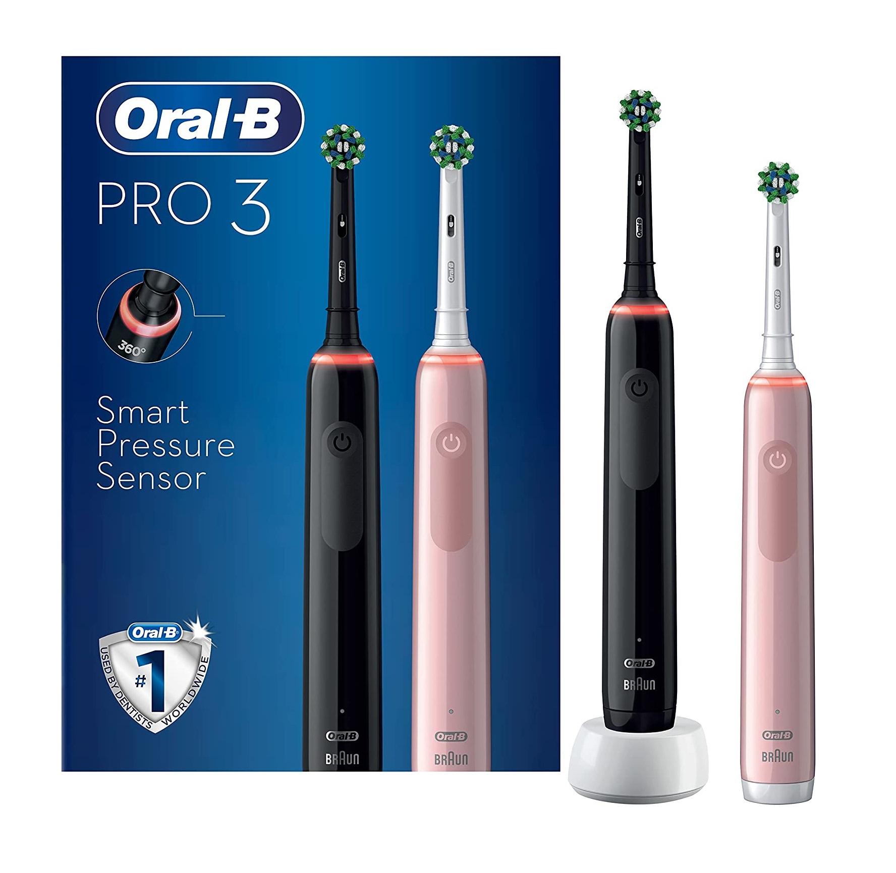 Set 2 Bàn Chải Đánh Răng Chạy Điện Oral-B Pro 3 3900 CrossAction, Oral B Electric Toothbrush, Công Nghệ 3D Làm Sạch Sâu, Nhập Đức, Hàng Chính Hãng
