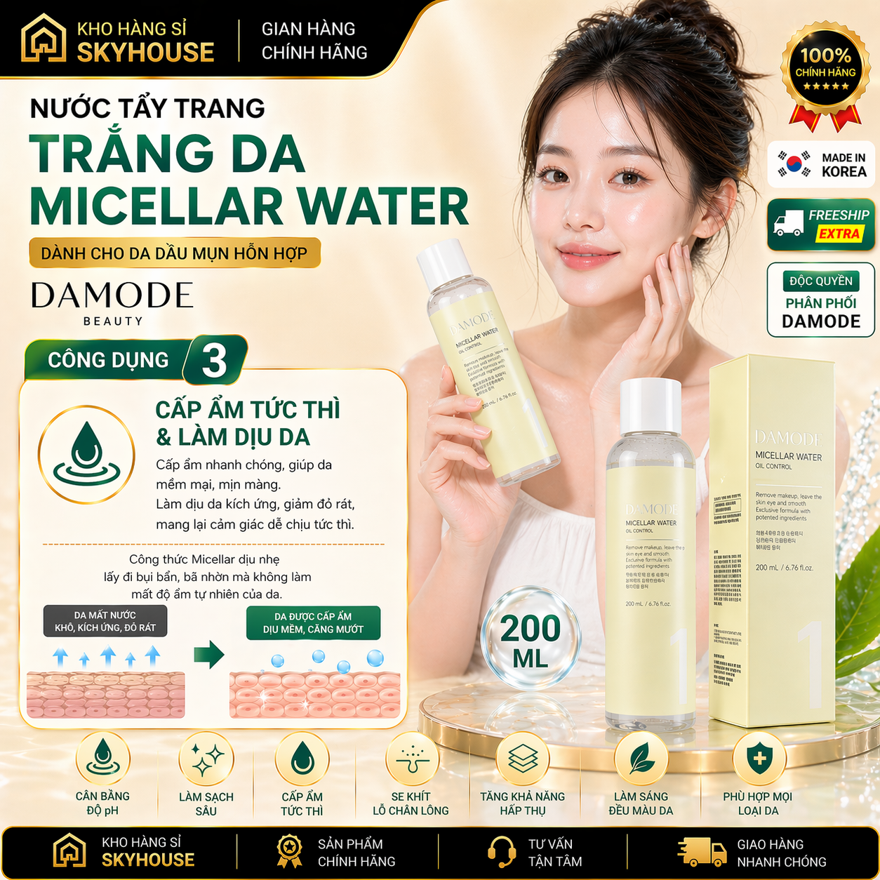 Nước tẩy trang cho da dầu mụn MICELLAR WATER DAMODE chai 200ml nước tẩy trang sạch sâu chính hãng