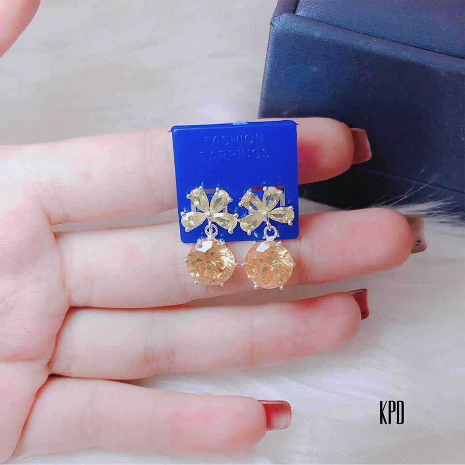 Bông khuyên tai hình nơ xinh xắn bạc ta gắn đá sáng lấp lánh đeo nổi tai,phụ kiện trang sức vàng bạc an chi